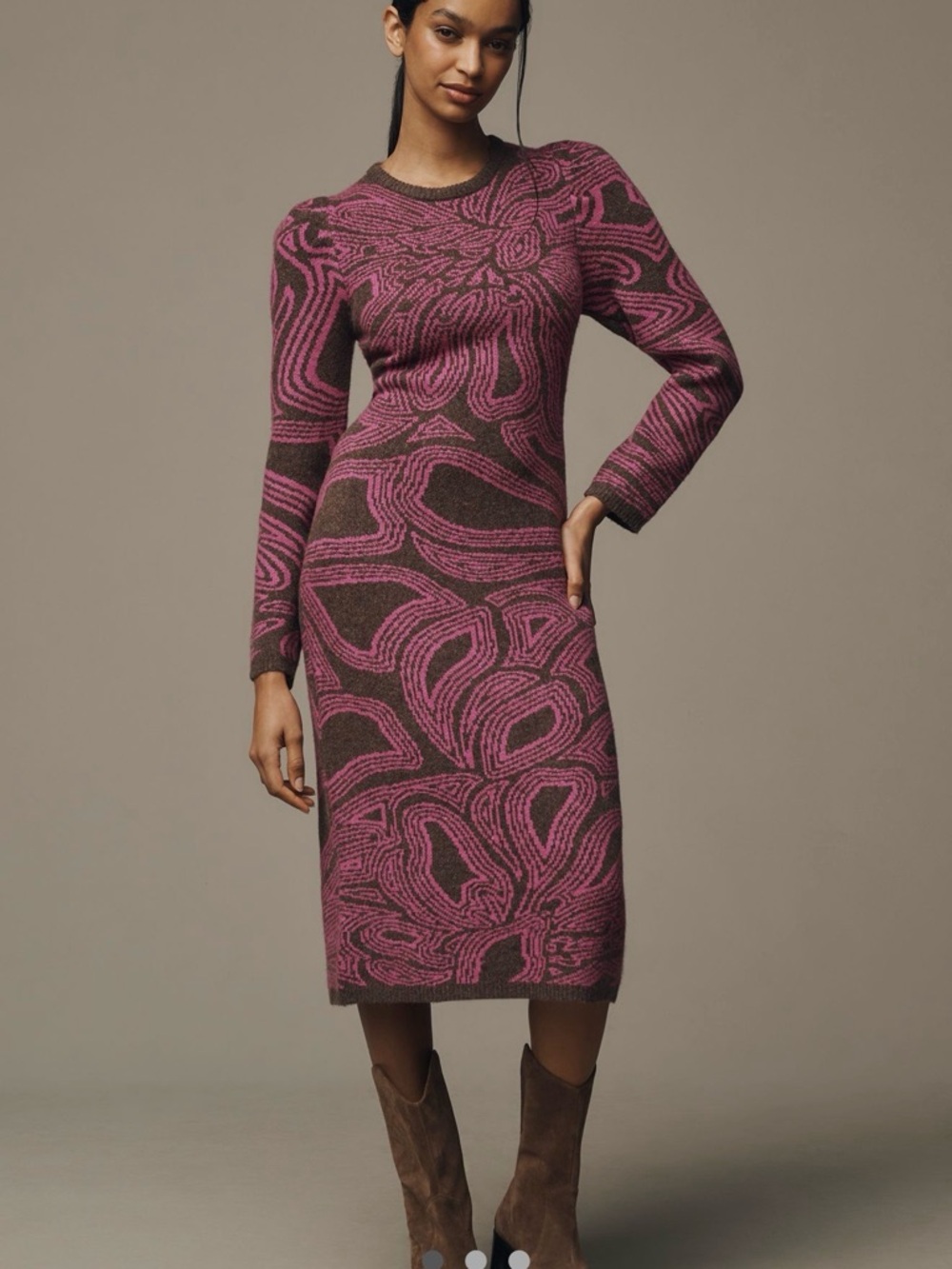 FARM RIO x Antropologie Long-Sleeve Knit Midi Dress in Pink and Brown